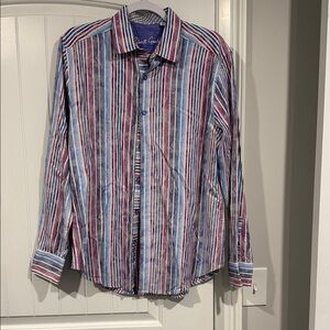 Robert Graham Men’s Multicolor Vertical Stripe Dress Shirt - Blue & Burgundy